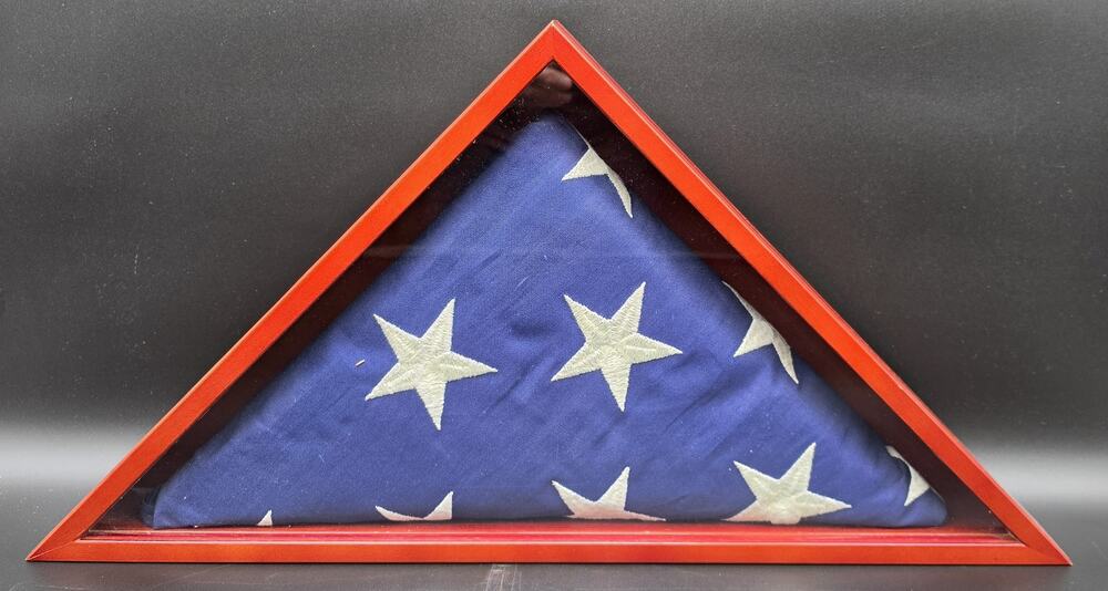 Vintage US Veteran Burial Flag in Solid Wood Triangular Display Case